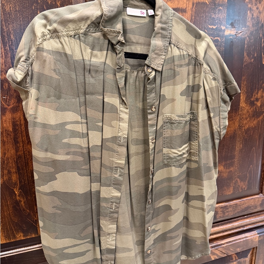 SO Women's Green Camouflage Button Down Shirt